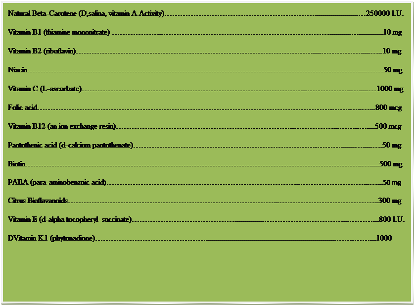 Text Box: Daily Formula  Encore Morning
Two tablets contain:
Vitamin A (fish liver oil) ........5000 I.U.
Natural Beta-Carotene (D,salina, vitamin A Activity)......................250000 I.U.
Vitamin B1 (thiamine mononitrate) .........................10 mg
Vitamin B2 (riboflavin)...........10 mg
Niacin........50 mg
Vitamin C (L-ascorbate).........1000 mg
Folic acid.......800 mcg
Vitamin B12 (an ion exchange resin)...........500 mcg
Pantothenic acid (d-calcium pantothenate)..............50 mg
Biotin.......500 mg
PABA (para-aminobenzoic acid)........50 mg
Citrus Bioflavanoids.....300 mg
Vitamin E (d-alpha tocopheryl  succinate).....................800 I.U.
DVitamin K1 (phytonadione)......................................................................1000 
 
  
