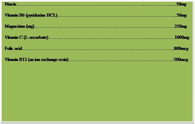 Text Box: Stress Balance Formula
Two tablets contain:
Vitamin B1 (thiamine mononitrate)...50mg
Vitamin B2 (riboflavin).................50mg
Niacin.........50mg
Vitamin B6 (pyridoxine HCL)..50mg
Magnesium (mg)250mg
Vitamin C (L-ascorbate)1000mg
Folic acid..800mcg
Vitamin B12 (an ion exchange resin)..500mcg
 
 
